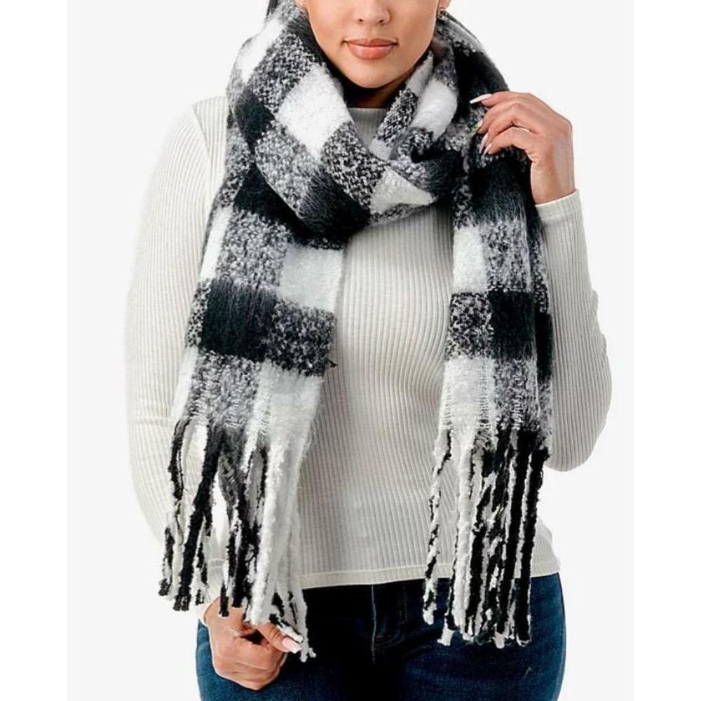 Marcus Adler Women's Cozy Black/White Plaid Blanket Scarf with Fringe One Size
